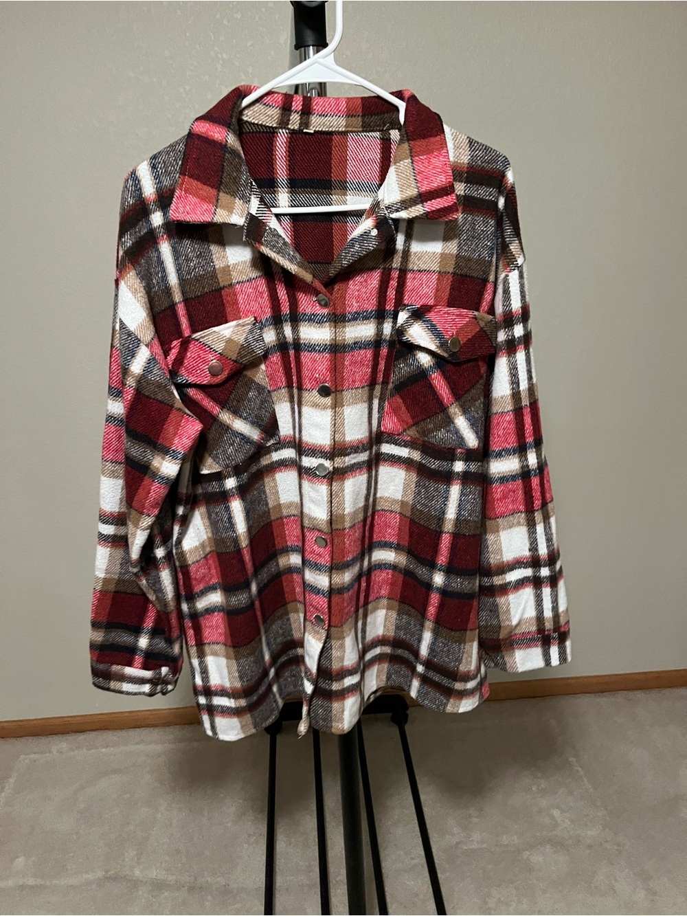 Plaid Button-Front Shacket in Red, Brown & Cream